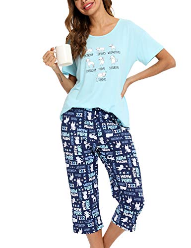 ENJOYNIGHT Schlafanzug Damen Kurz Pyjama Set Baumwolle Nachtwäsche Kurzarm-Top und 3/4 Lange Hose Hausanzug Sommer Sleepwear (Small,Weiße Katze) von ENJOYNIGHT