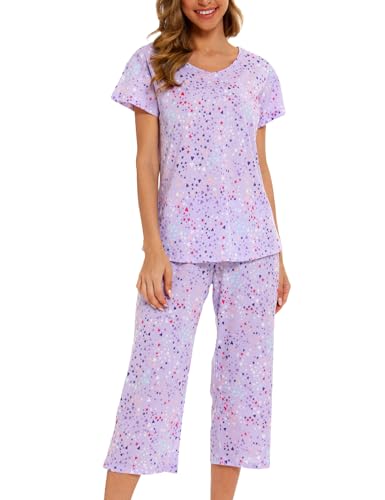 ENJOYNIGHT Schlafanzug Damen Kurz Pyjama Set Baumwolle Nachtwäsche Kurzarm-Top und 3/4 Lange Hose Hausanzug Sommer Sleepwear (Small,Lila) von ENJOYNIGHT