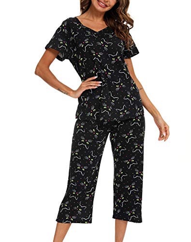 ENJOYNIGHT Schlafanzug Damen Kurz Pyjama Set Baumwolle Nachtwäsche Kurzarm-Top und 3/4 Lange Hose Hausanzug Sommer Sleepwear (Small,Schwarze Katze) von ENJOYNIGHT