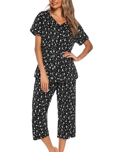 ENJOYNIGHT Schlafanzug Damen Kurz Pyjama Set Baumwolle Nachtwäsche Kurzarm-Top und 3/4 Lange Hose Hausanzug Sommer Sleepwear (X-Large,Schwarze Stern) von ENJOYNIGHT