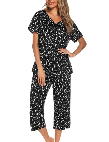 ENJOYNIGHT Schlafanzug Damen Kurz Pyjama Set Baumwolle Nachtwäsche Kurzarm-Top und 3/4 Lange Hose Hausanzug Sommer Sleepwear (XX-Large,Schwarze Stern) von ENJOYNIGHT