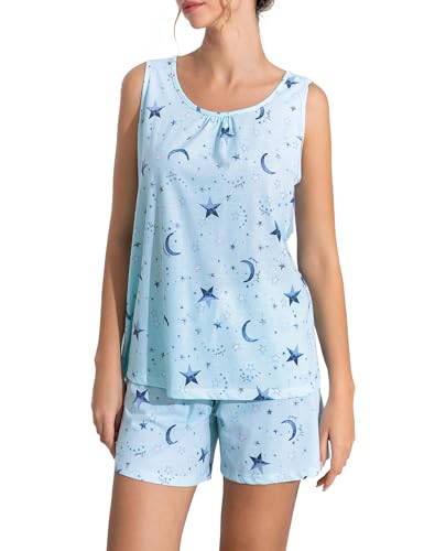 ENJOYNIGHT Damen Schlafanzug Kurz Sommer Pyjama Set Ärmellos Top und Shorts Nachtwäsche Frauen Baumwolle Hausanzug (Small,Hellblaue Sterne) von ENJOYNIGHT