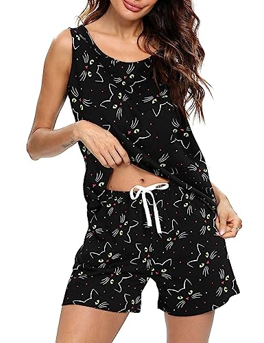 ENJOYNIGHT Damen Schlafanzug Kurz Sommer Pyjama Set Ärmellos Top und Shorts Nachtwäsche Frauen Baumwolle Hausanzug (Small,Schwarze Katze) von ENJOYNIGHT