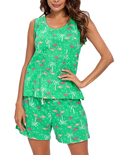 ENJOYNIGHT Damen Schlafanzug Kurz Sommer Pyjama Set Ärmellos Top und Shorts Nachtwäsche Frauen Baumwolle Hausanzug (3X-Large,Grüner Flamingo) von ENJOYNIGHT