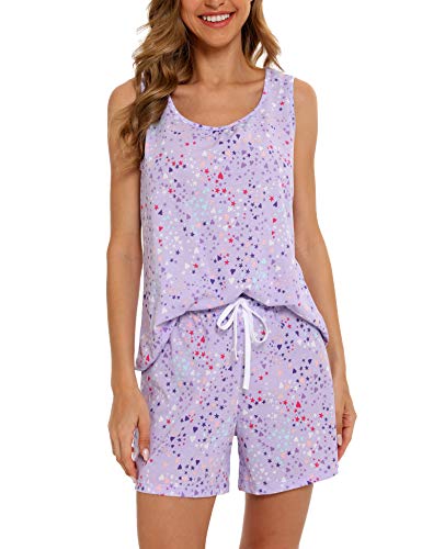 ENJOYNIGHT Damen Schlafanzug Kurz Sommer Pyjama Set Ärmellos Top und Shorts Nachtwäsche Frauen Baumwolle Hausanzug (3X-Large,Lila) von ENJOYNIGHT