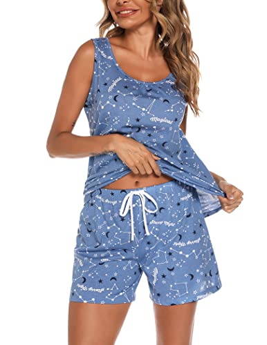 ENJOYNIGHT Damen Schlafanzug Kurz Sommer Pyjama Set Ärmellos Top und Shorts Nachtwäsche Frauen Baumwolle Hausanzug (X-Large,Stern) von ENJOYNIGHT