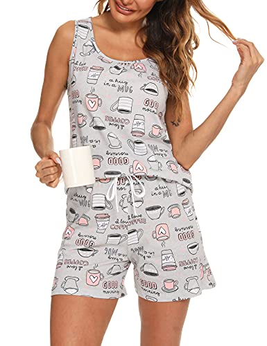 ENJOYNIGHT Damen Schlafanzug Kurz Sommer Pyjama Set Ärmellos Top und Shorts Nachtwäsche Frauen Baumwolle Hausanzug (XX-Large,Graue Kaffeetasse) von ENJOYNIGHT