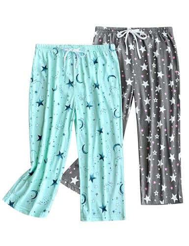 ENJOYNIGHT Damen Schlafanzughose 3/4 Lang Pyjamahose Baumwolle Nachtwäsche Schlafhose mit Kordelzug (Large,Weißer Stern+Blauer Stern) von ENJOYNIGHT