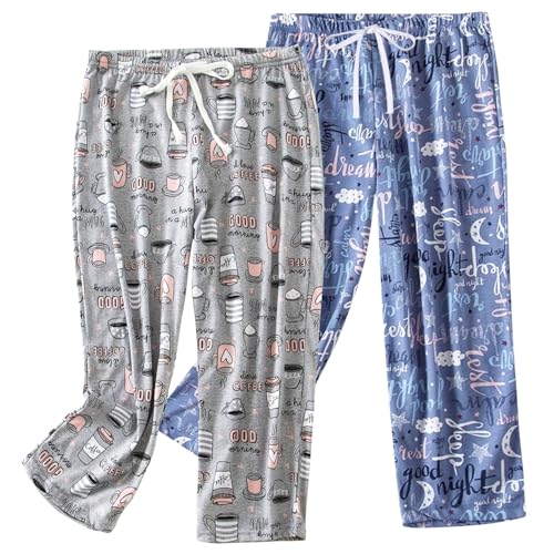 ENJOYNIGHT Damen Schlafanzughose 3/4 Lang Pyjamahose Baumwolle Nachtwäsche Schlafhose mit Kordelzug (Medium,Blau+Kaffeetasse) von ENJOYNIGHT