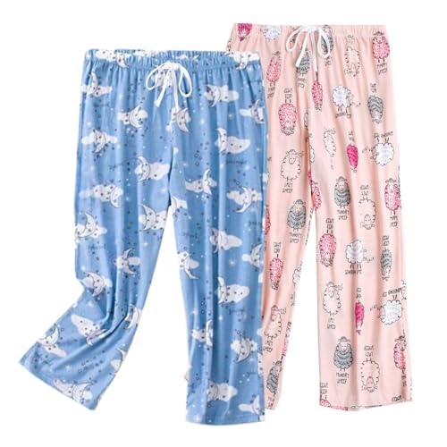 ENJOYNIGHT Damen Schlafanzughose 3/4 Lang Pyjamahose Baumwolle Nachtwäsche Schlafhose mit Kordelzug (Medium,Schaf+Mond) von ENJOYNIGHT