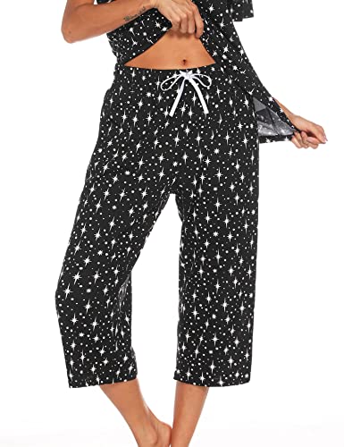 ENJOYNIGHT Damen Schlafanzughose 3/4 Lang Pyjamahose Baumwolle Nachtwäsche Schlafhose mit Kordelzug (X-Large,Schwarzer Stern) von ENJOYNIGHT