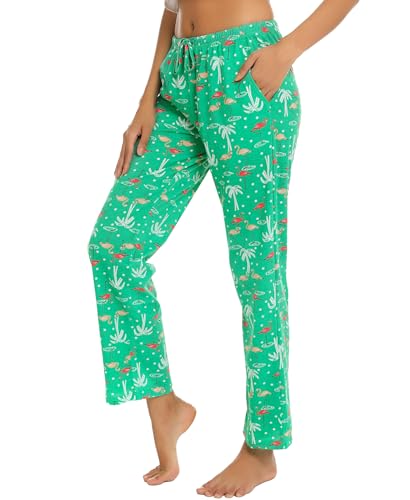 ENJOYNIGHT Damen Schlafanzughose Lang Baumwolle Pyjamahose Print Schlafhose Freizeithose mit Taschen und Kordelzug(Medium,Grüner Flamingo) von ENJOYNIGHT