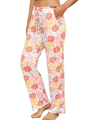 ENJOYNIGHT Damen Schlafanzughose Lang Baumwolle Pyjamahose Print Schlafhose Freizeithose mit Taschen und Kordelzug (Medium,Rosa Blume) von ENJOYNIGHT