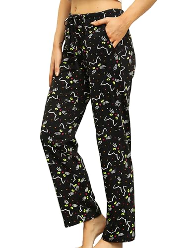 ENJOYNIGHT Damen Schlafanzughose Lang Baumwolle Pyjamahose Print Schlafhose Freizeithose mit Taschen und Kordelzug(Small,Schwarze Katze) von ENJOYNIGHT