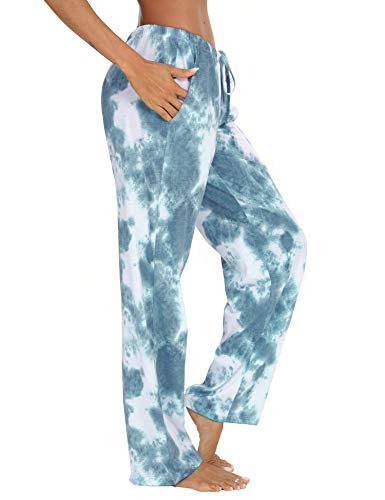 ENJOYNIGHT Damen Schlafanzughose Lang Baumwolle Pyjamahose Print Schlafhose Freizeithose mit Taschen und Kordelzug (X-Large,Dunkelgrün) von ENJOYNIGHT