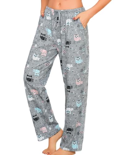ENJOYNIGHT Damen Schlafanzughose Lang Baumwolle Pyjamahose Print Schlafhose Freizeithose mit Taschen und Kordelzug (X-Large,Graue Eule) von ENJOYNIGHT