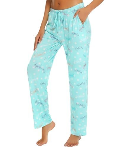 ENJOYNIGHT Damen Schlafanzughose Lang Baumwolle Pyjamahose Print Schlafhose Freizeithose mit Taschen und Kordelzug (X-Large,Blaues Fliegen) von ENJOYNIGHT