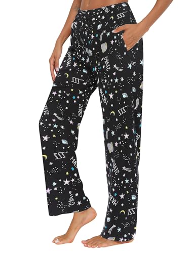 ENJOYNIGHT Damen Schlafanzughose Lang Baumwolle Pyjamahose Print Schlafhose Freizeithose mit Taschen und Kordelzug (X-Large,Schwarzer Mondstern) von ENJOYNIGHT