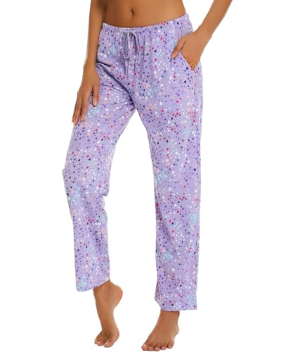 ENJOYNIGHT Damen Schlafanzughose Lang Baumwolle Pyjamahose Print Schlafhose Freizeithose mit Taschen und Kordelzug (XX-Large,Lila) von ENJOYNIGHT