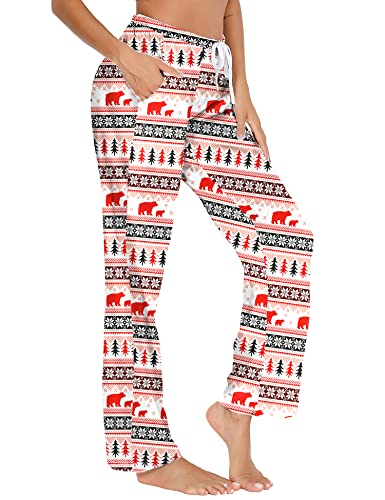ENJOYNIGHT Damen Schlafanzughose Lang Baumwolle Pyjamahose Print Schlafhose Freizeithose mit Taschen und Kordelzug(XX-Large,Merry) von ENJOYNIGHT