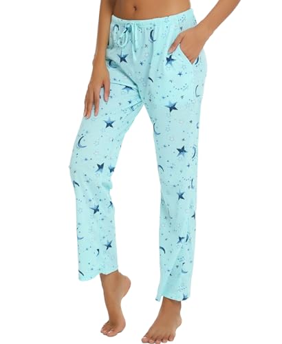 ENJOYNIGHT Damen Schlafanzughose Lang Baumwolle Pyjamahose Print Schlafhose Freizeithose mit Taschen und Kordelzug (XX-Large,Stern) von ENJOYNIGHT