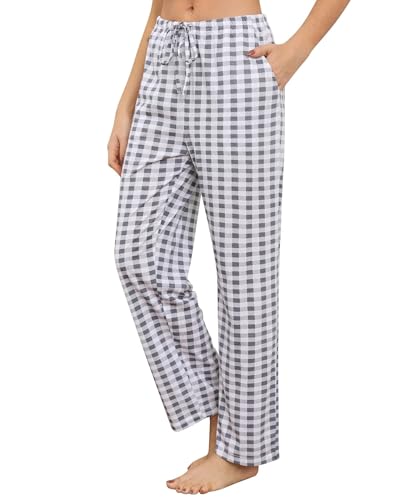 ENJOYNIGHT Damen Schlafanzughose Lang Baumwolle Pyjamahose Print Schlafhose Freizeithose mit Taschen und Kordelzug (Large,Grau Kariert) von ENJOYNIGHT