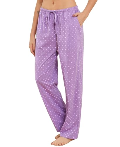 ENJOYNIGHT Damen Schlafanzughose Lang Baumwolle Pyjamahose Print Schlafhose Freizeithose mit Taschen und Kordelzug (Large,Lila Polka Dots) von ENJOYNIGHT