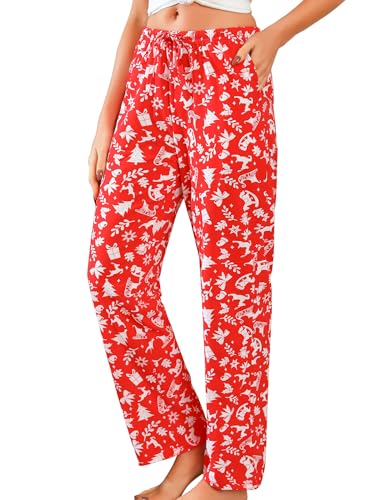 ENJOYNIGHT Damen Schlafanzughose Lang Baumwolle Pyjamahose Print Schlafhose Freizeithose mit Taschen und Kordelzug (Large,Roter Baum) von ENJOYNIGHT