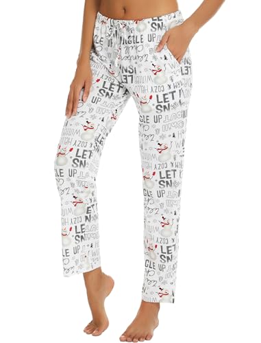 ENJOYNIGHT Damen Schlafanzughose Lang Baumwolle Pyjamahose Print Schlafhose Freizeithose mit Taschen und Kordelzug (Large,Schnee) von ENJOYNIGHT