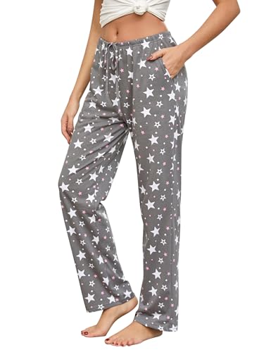ENJOYNIGHT Damen Schlafanzughose Lang Baumwolle Pyjamahose Print Schlafhose Freizeithose mit Taschen und Kordelzug (Large,Weißer Stern) von ENJOYNIGHT