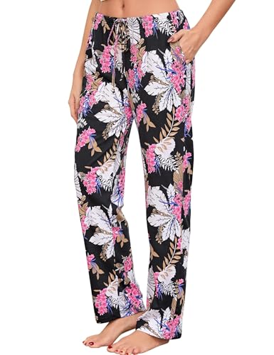 ENJOYNIGHT Damen Schlafanzughose Lang Baumwolle Pyjamahose Print Schlafhose Freizeithose mit Taschen und Kordelzug (Medium,Rosa Geblümt) von ENJOYNIGHT
