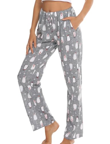 ENJOYNIGHT Damen Schlafanzughose Lang Baumwolle Pyjamahose Print Schlafhose Freizeithose mit Taschen und Kordelzug (Small,Grauer Pinguin) von ENJOYNIGHT
