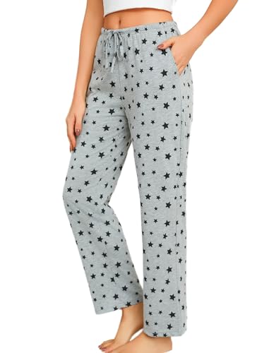 ENJOYNIGHT Damen Schlafanzughose Lang Baumwolle Pyjamahose Print Schlafhose Freizeithose mit Taschen und Kordelzug (X-Large,Grauer Stern) von ENJOYNIGHT