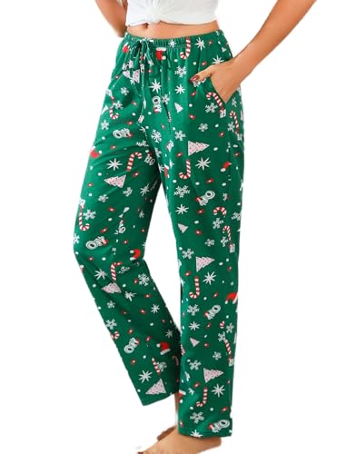ENJOYNIGHT Damen Schlafanzughose Lang Baumwolle Pyjamahose Print Schlafhose Freizeithose mit Taschen und Kordelzug (X-Large,Grüner Hut) von ENJOYNIGHT