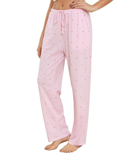ENJOYNIGHT Damen Schlafanzughose Lang Baumwolle Pyjamahose Print Schlafhose Freizeithose mit Taschen und Kordelzug (X-Large,Rosa Herz) von ENJOYNIGHT