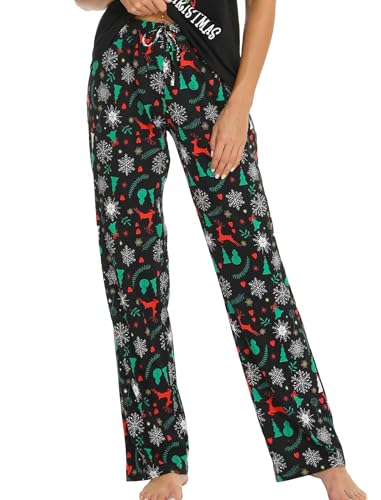 ENJOYNIGHT Damen Schlafanzughose Lang Baumwolle Pyjamahose Print Schlafhose Freizeithose mit Taschen und Kordelzug (XX-Large,Schwarz-Weihnacht) von ENJOYNIGHT