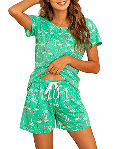 ENJOYNIGHT Schlafanzug Damen Kurz Pyjama Set Baumwolle Kurzarm Top und Kurze Hose Zweiteiliger Nachtwäsche Sommer Hausanzug Loungewear (Large,Grüner Flamingo) von ENJOYNIGHT