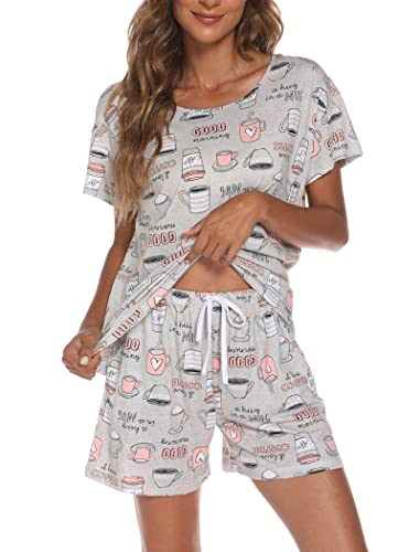 ENJOYNIGHT Schlafanzug Damen Kurz Pyjama Set Baumwolle Kurzarm Top und Kurze Hose Zweiteiliger Nachtwäsche Sommer Hausanzug Loungewear (Medium,Graue Tasse) von ENJOYNIGHT