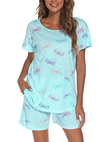 ENJOYNIGHT Schlafanzug Damen Kurz Pyjama Set Baumwolle Kurzarm Top und Kurze Hose Zweiteiliger Nachtwäsche Sommer Hausanzug Loungewear (Medium,Blauer Schmetterling) von ENJOYNIGHT