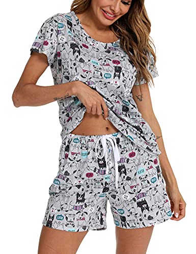 ENJOYNIGHT Schlafanzug Damen Kurz Pyjama Set Baumwolle Kurzarm Top und Kurze Hose Zweiteiliger Nachtwäsche Sommer Hausanzug Loungewear (Small,Grauer Hund) von ENJOYNIGHT