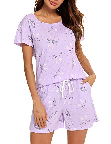 ENJOYNIGHT Schlafanzug Damen Kurz Pyjama Set Baumwolle Kurzarm Top und Kurze Hose Zweiteiliger Nachtwäsche Sommer Hausanzug Loungewear (X-Large,Lila Häschen) von ENJOYNIGHT