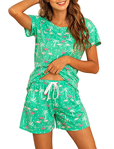 ENJOYNIGHT Schlafanzug Damen Kurz Pyjama Set Baumwolle Kurzarm Top und Kurze Hose Zweiteiliger Nachtwäsche Sommer Hausanzug Loungewear (XX-Large,Grüner Flamingo) von ENJOYNIGHT