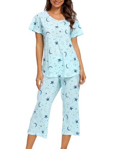 ENJOYNIGHT Schlafanzug Damen Kurz Pyjama Set Baumwolle Nachtwäsche Kurzarm-Top und 3/4 Lange Hose Hausanzug Sommer Sleepwear (3X-Large,Blaue Sterne) von ENJOYNIGHT