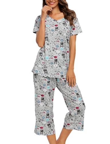 ENJOYNIGHT Schlafanzug Damen Kurz Pyjama Set Baumwolle Nachtwäsche Kurzarm-Top und 3/4 Lange Hose Hausanzug Sommer Sleepwear (Large,Grauer Hund) von ENJOYNIGHT