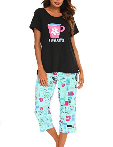 ENJOYNIGHT Schlafanzug Damen Kurz Pyjama Set Baumwolle Nachtwäsche Kurzarm-Top und 3/4 Lange Hose Hausanzug Sommer Sleepwear (Medium,Schwarze Tasse) von ENJOYNIGHT