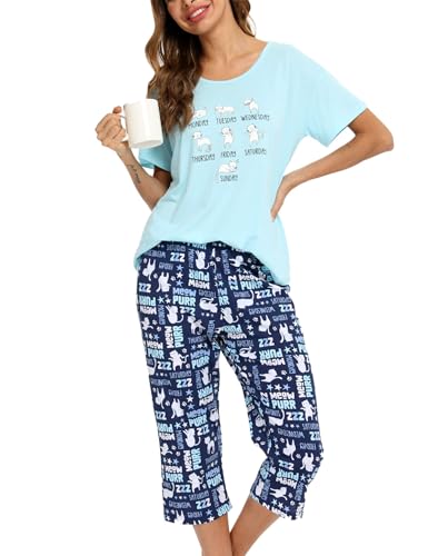 ENJOYNIGHT Schlafanzug Damen Kurz Pyjama Set Baumwolle Nachtwäsche Kurzarm-Top und 3/4 Lange Hose Hausanzug Sommer Sleepwear (XX-Large,Weiße Katze) von ENJOYNIGHT