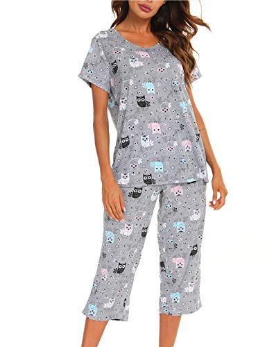 ENJOYNIGHT Schlafanzug Damen Kurz Pyjama Set Baumwolle Nachtwäsche Kurzarm-Top und 3/4 Lange Hose Hausanzug Sommer Sleepwear (XX-Large,Graue Eule) von ENJOYNIGHT