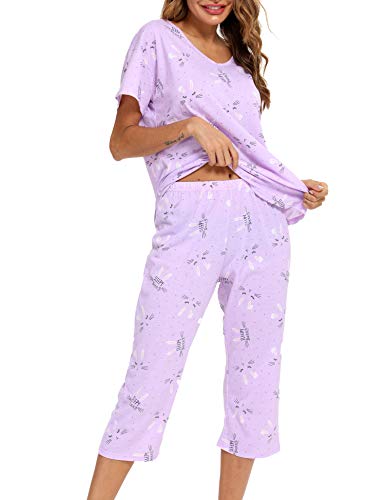 ENJOYNIGHT Schlafanzug Damen Kurz Pyjama Set Baumwolle Nachtwäsche Kurzarm-Top und 3/4 Lange Hose Hausanzug Sommer Sleepwear (Medium,Lila Häschen) von ENJOYNIGHT