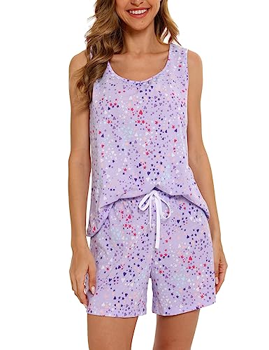 ENJOYNIGHT Damen Schlafanzug Kurz Sommer Pyjama Set Ärmellos Top und Shorts Nachtwäsche Frauen Baumwolle Hausanzug (Large,Lila) von ENJOYNIGHT