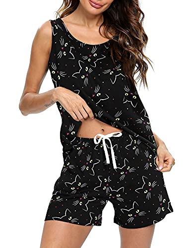 ENJOYNIGHT Damen Schlafanzug Kurz Sommer Pyjama Set Ärmellos Top und Shorts Nachtwäsche Frauen Baumwolle Hausanzug (Large,Schwarze Katze) von ENJOYNIGHT